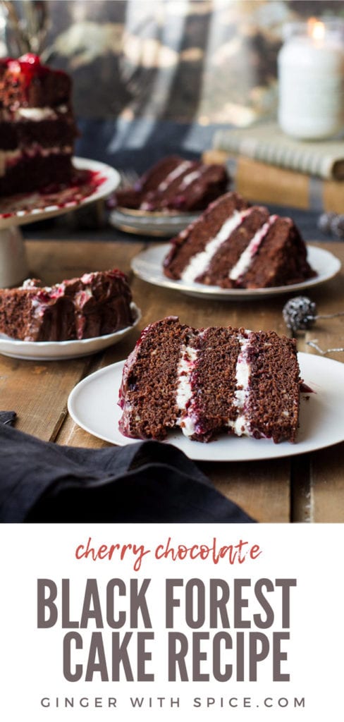 Four slices of cherry chocolate cake with layers of whipped cream and cherry filling. Pinterest pin.