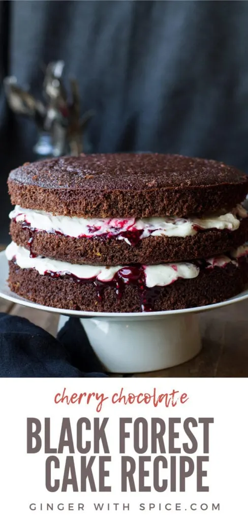 Cherry chocolate cake with two layers of whipped cream and cherry filling. Pinterest pin.