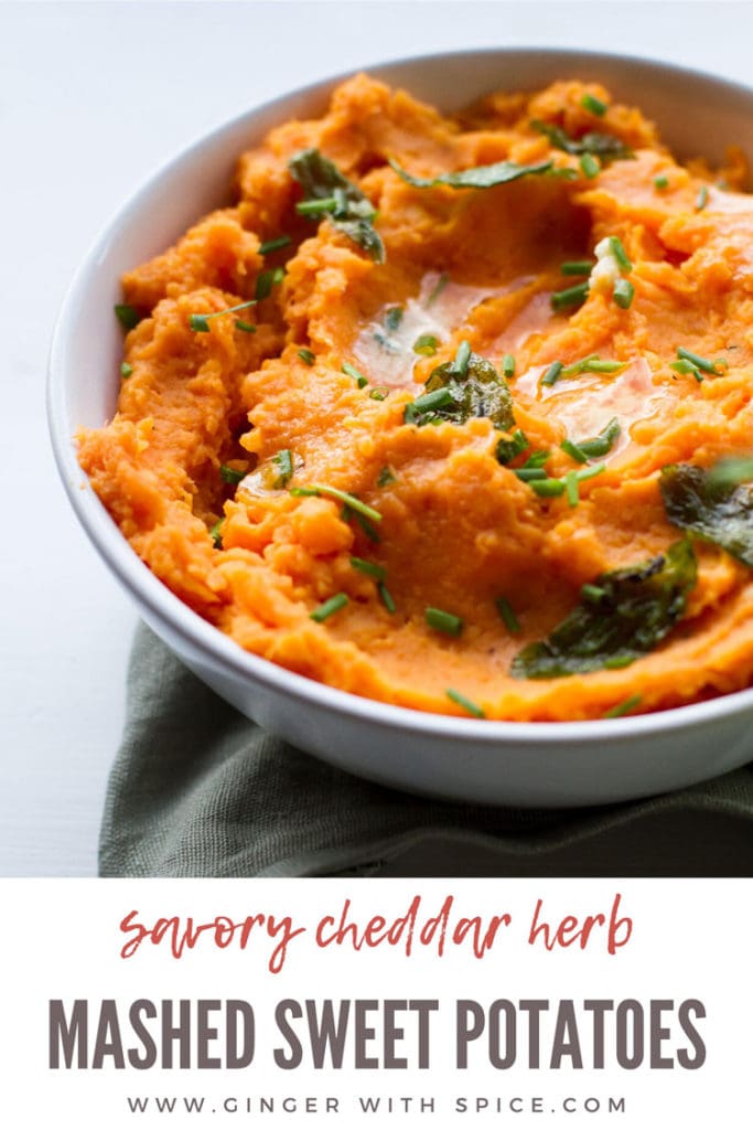 Sweet potato mash with chopped sage leaves and melted butter on top. Pinterest pin.