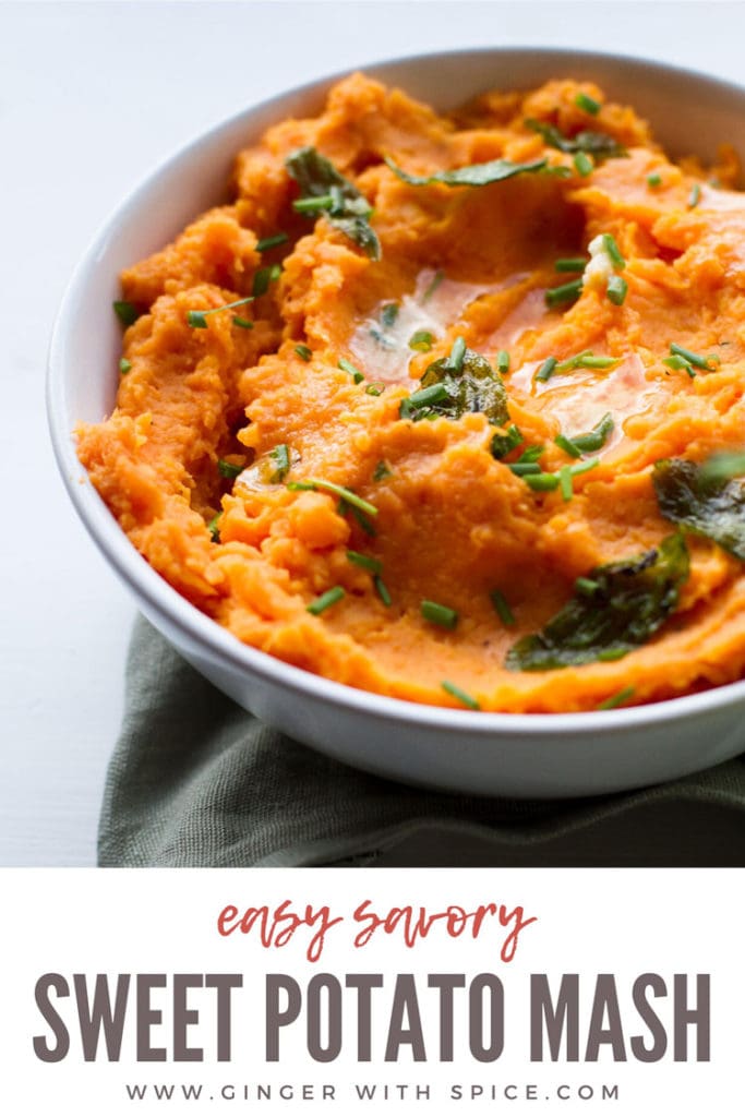 Sweet potato mash with chopped sage leaves and melted butter on top. Pinterest pin with text overlay.