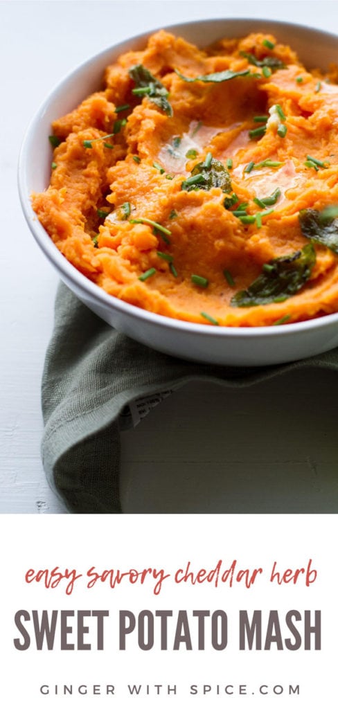 Sweet potato mash with chopped sage leaves and melted butter on top. Long Pinterest pin.