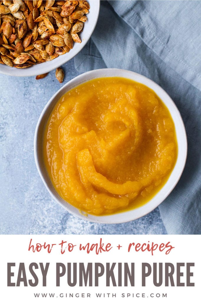 Pumpkin puree in a blue bowl on a blue table, flatlay. Pinterest pin.