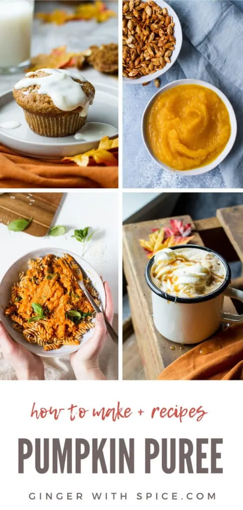 4 images, 3 using pumpkin puree and one with pumpkin puree only. Long Pinterest pin with text.
