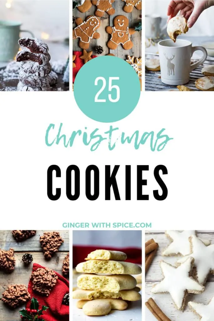 Pinterest pin with text overlay in turquoise and 6 out of 25 images of cookies.