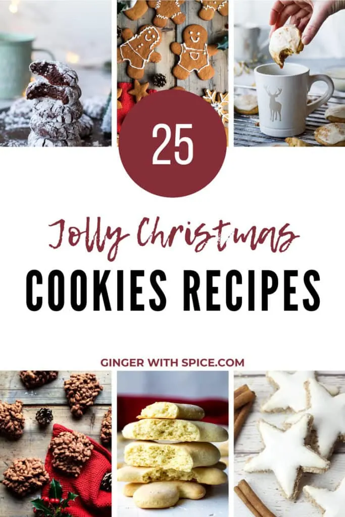 Pinterest pin with text overlay in maroon and 6 images of cookies.