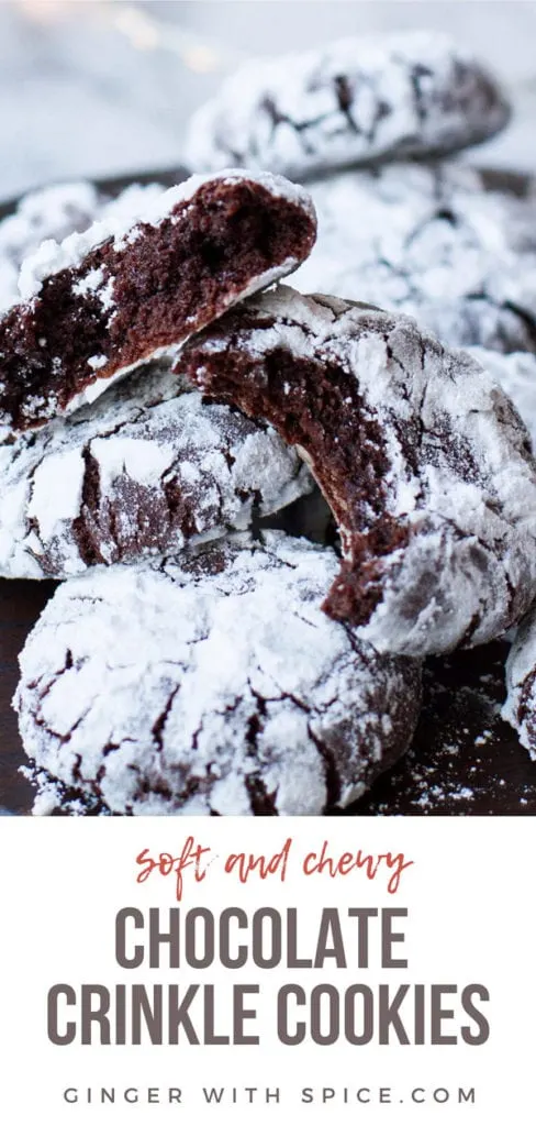 Chocolate crinkle cookies, taken a bite out of, close up. Pinterest pin.