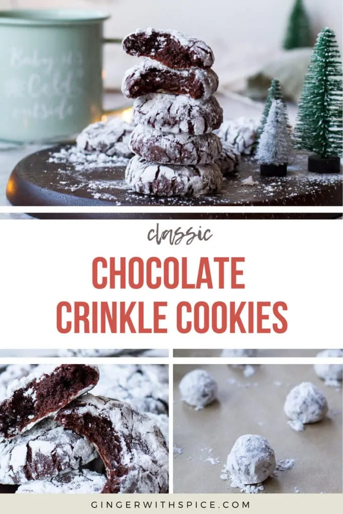 Pinterest pin for Chocolate Crinkle Cookies with text overlay, three photos of cookies.