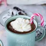 Mint colored enamel mug with mocha coffee, whipped cream and candy cane garnish.