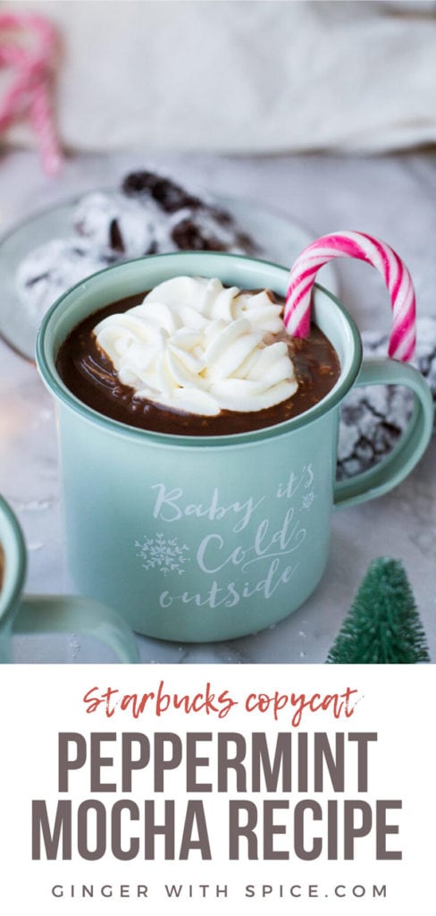 Mint colored enamel mug with mocha coffee, whipped cream and candy cane garnish. Pinterest pin.