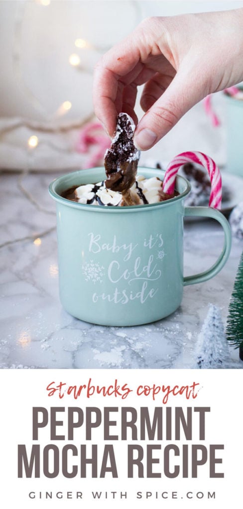 Dipping a chocolate crinkle cookie in peppermint mocha. Pinterest pin.