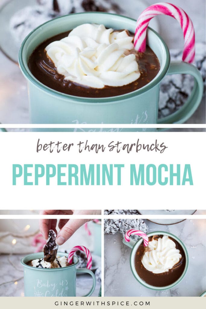 Pinterest pin with text overlay for peppermint mocha coffee.