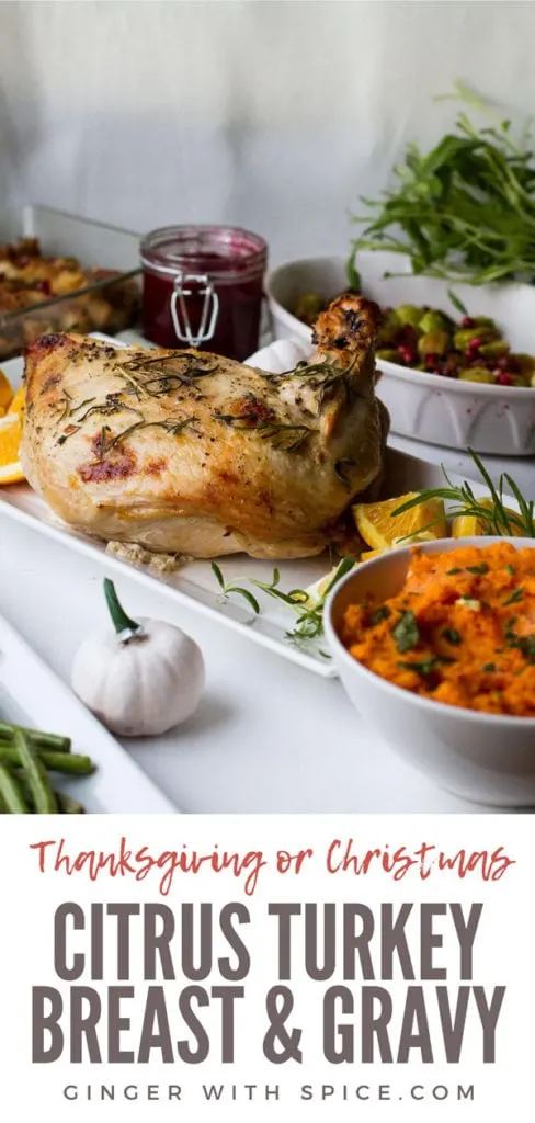 Turkey breast on a white plate, Thanksgiving side dishes around. Pinterest pin.
