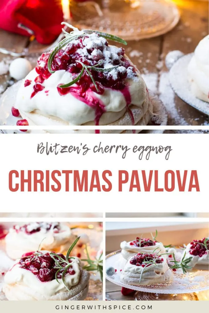 Pinterest pin for Chrismtas Pavlova Dessert with three images and text overlay.