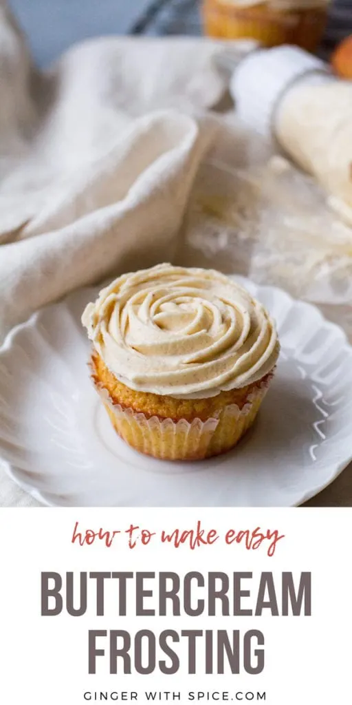 A cupcake on a white plate, with buttercream frosting shaped like a rose. Pinterest pin with text.