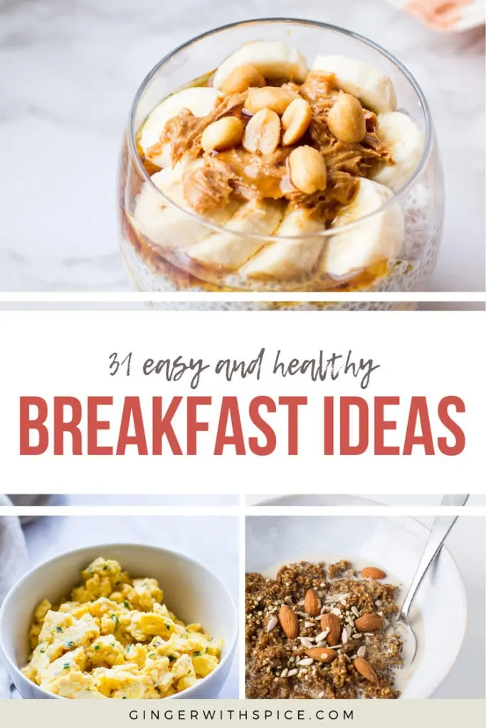 Pinterest pin with red text overlay 31 Easy and Healthy Breakfast Ideas with 3 images from post.
