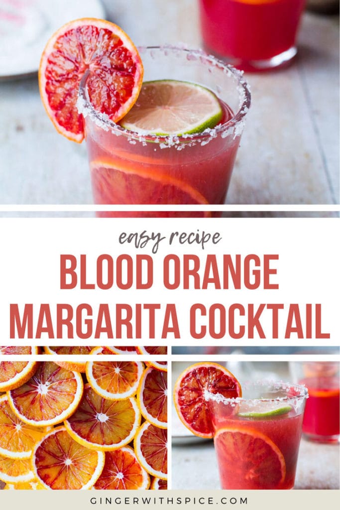 Pinterest pin for blood orange margarita cocktail with text overlay and three images from post.