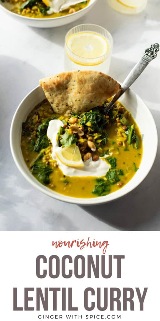 Pinterest pin with a bowl of lentil curry and naan.