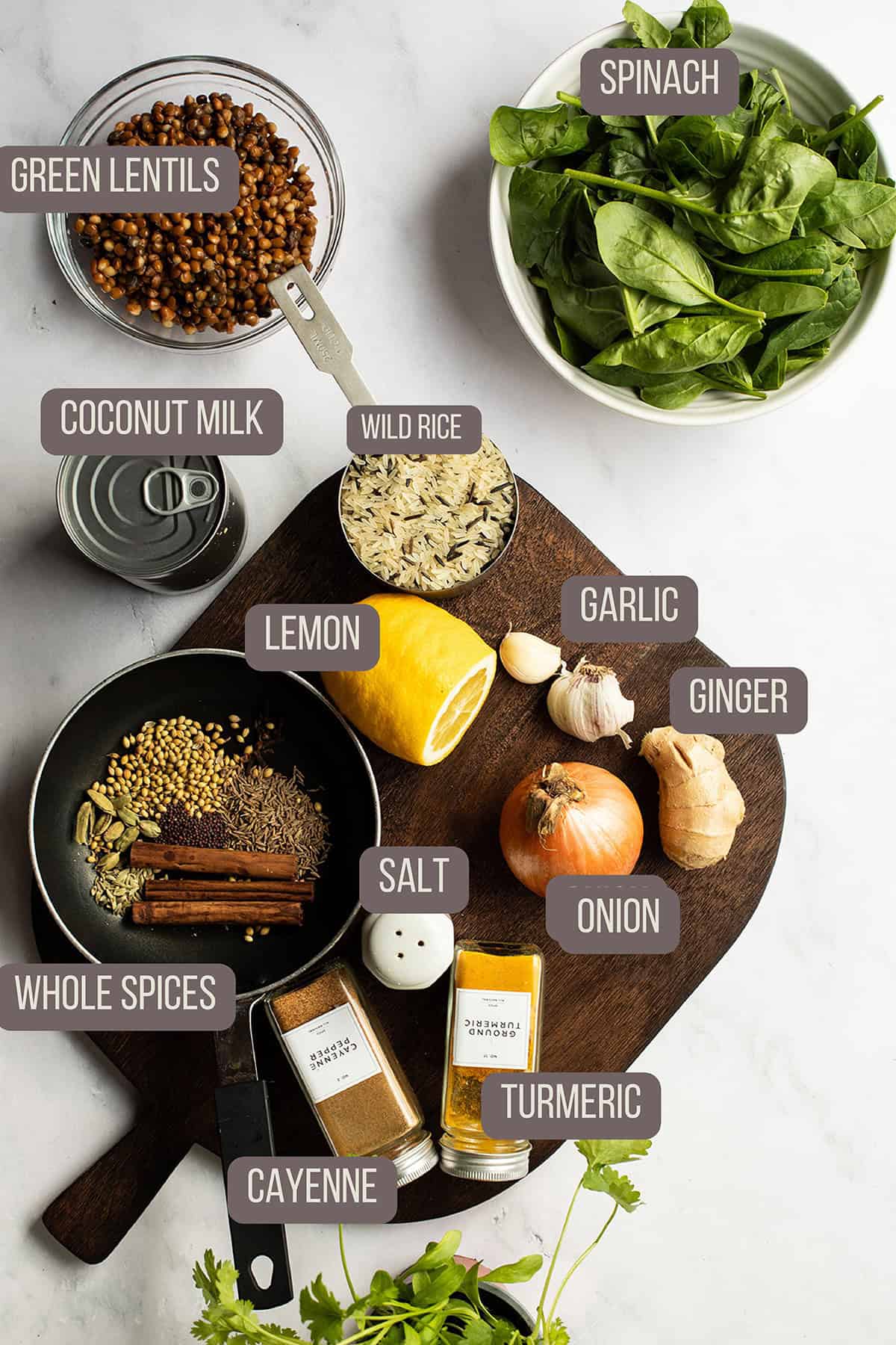 Ingredients to make coconut lentil curry.