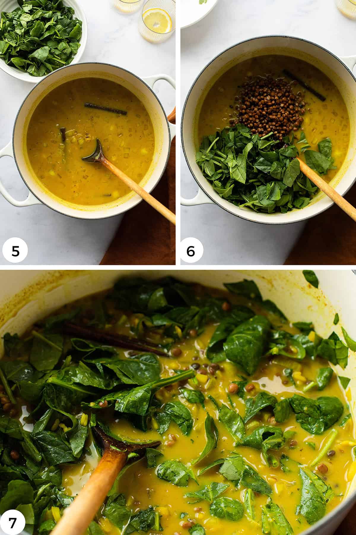 Steps to add the liquid and spinach.