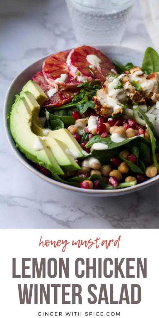 Winter salad with sliced avocado and blood orange, close-up. Pinterest pin.