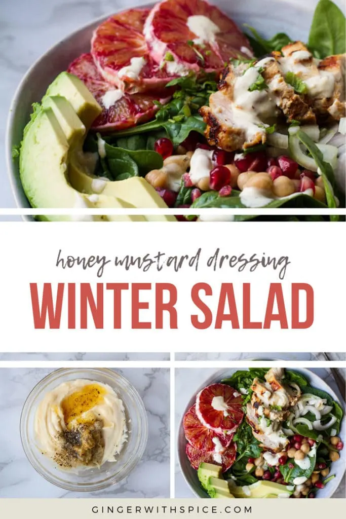 Pinterest pin with text: honey mustard dressing winter salad, 3 images from post.