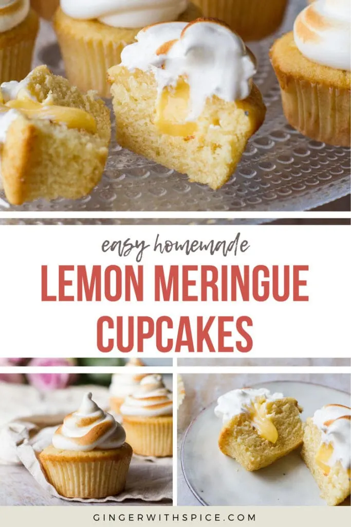 Pinterest pin with text overlay Easy Homemade Lemon Meringue Cupcakes, three photos from post.