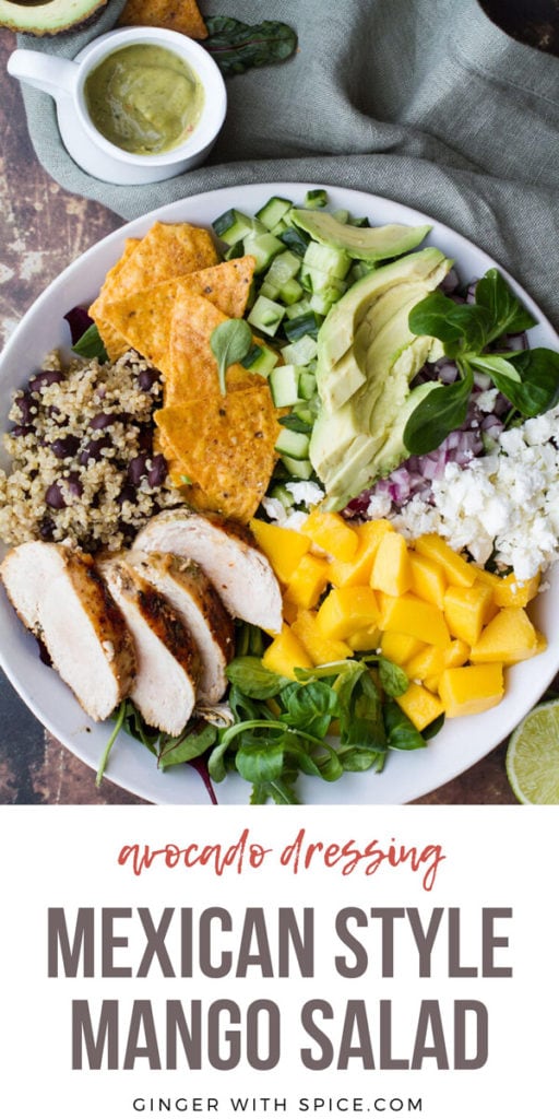 Mexican Inspired Mango Salad in a huge white bowl. Ingredients separated. Pinterest pin.