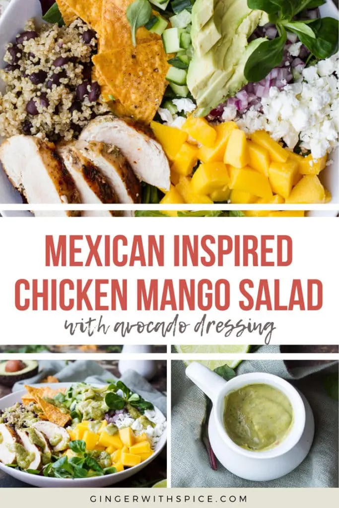 Pinterest pin for Mango Salad with text overlay and three photos.
