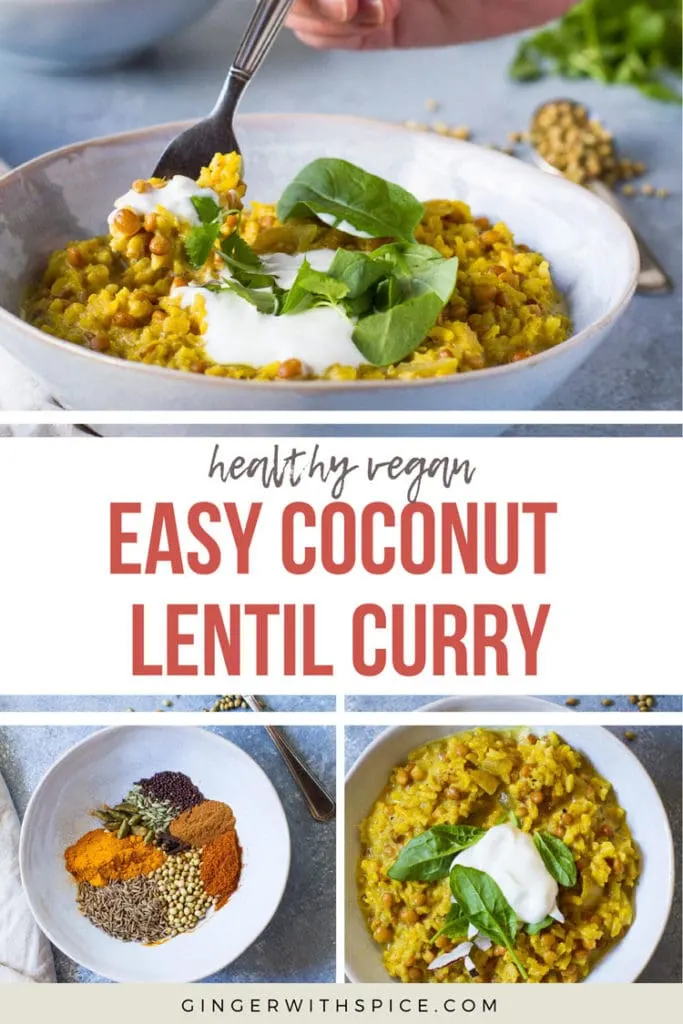 Pinterest Pin for easy coconut lentil curry, with text overlay.