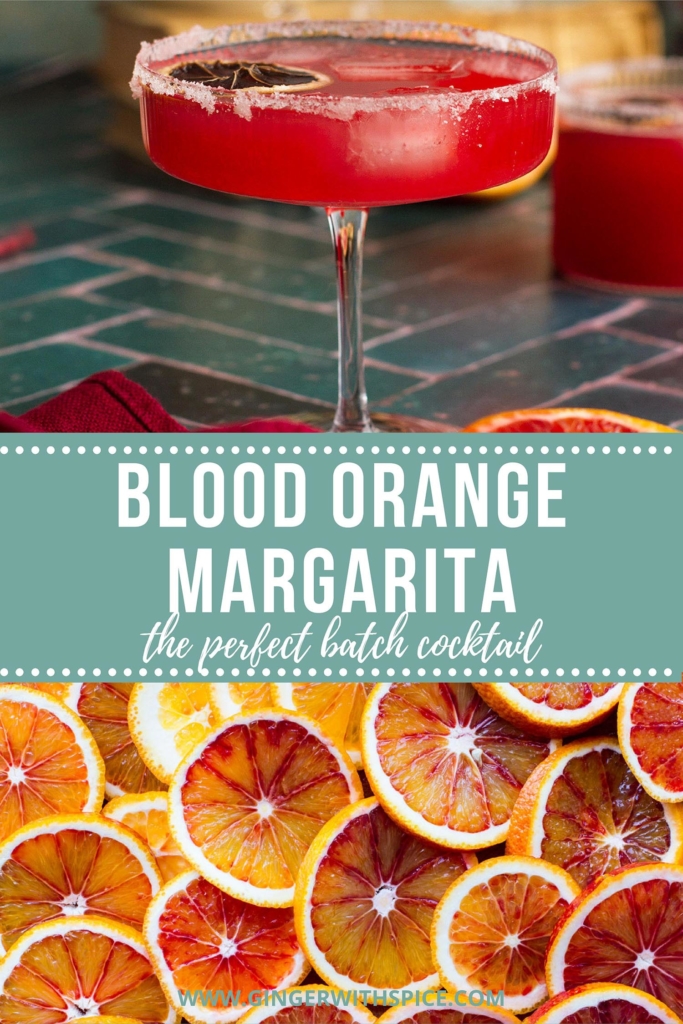 Two images from the post and white text over a turquoise box in the middle - Blood Orange Margarita. Pinterest pin.