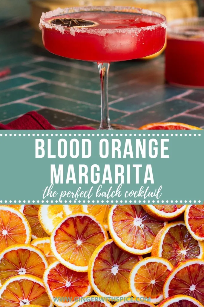 Two images from the post and white text over a turquoise box in the middle - Blood Orange Margarita. Pinterest pin.