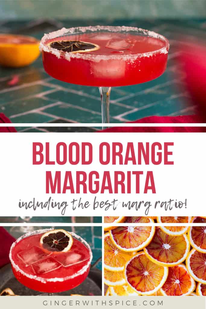 Three images from the post and red text overlay in the middle - Blood Orange Margarita. Pinterest pin.