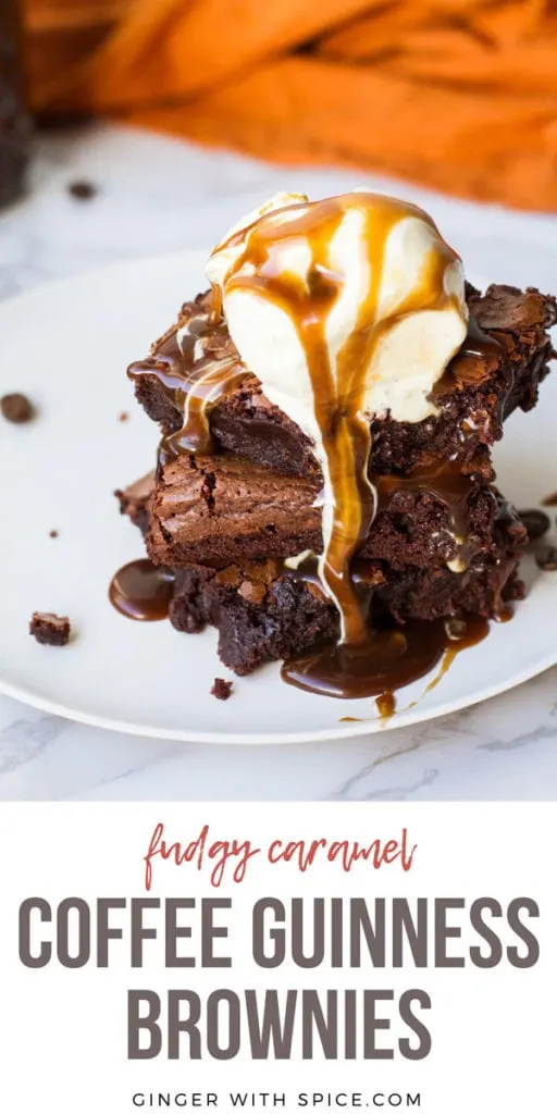 Three brownies on top of each other with one melting ice cream scoop and caramel sauce. Close-up. Pinterest pin.