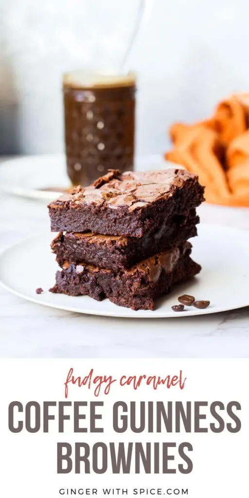 Three squares of brownies stacked on top of each other. Pinterest pin.