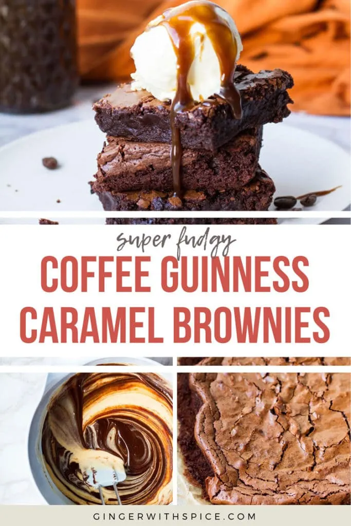 Pinterest pin for Coffee Guinness Caramel Brownies with three images and text overlay.