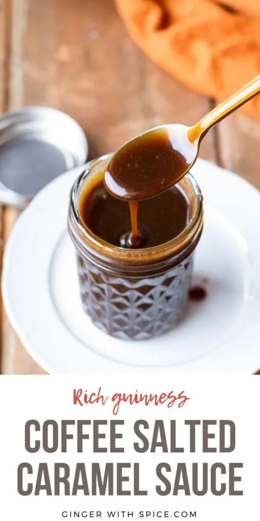 Spoon drizzling Guinness coffee salted caramel sauce into a glass jar. Pinterest pin.