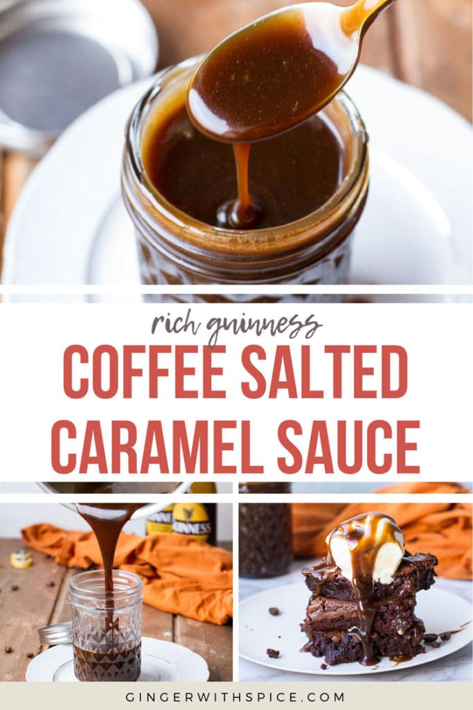 Pinterest pin with text overlay coffee salted caramel sauce and three images from the post.