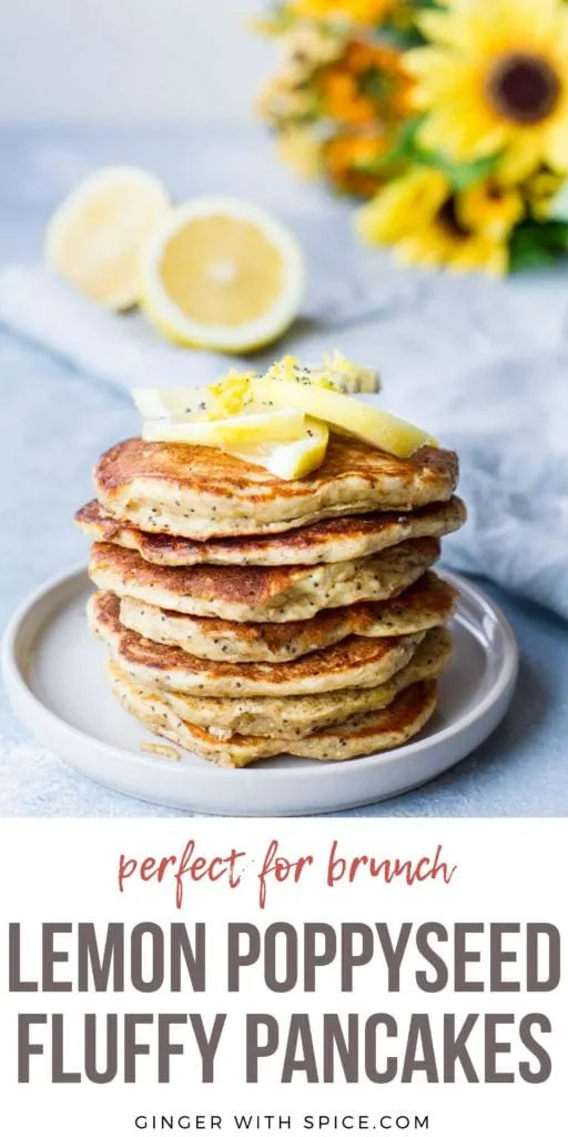 Stack of pancakes topped with lemon slices. Blue background. Pinterest pin.