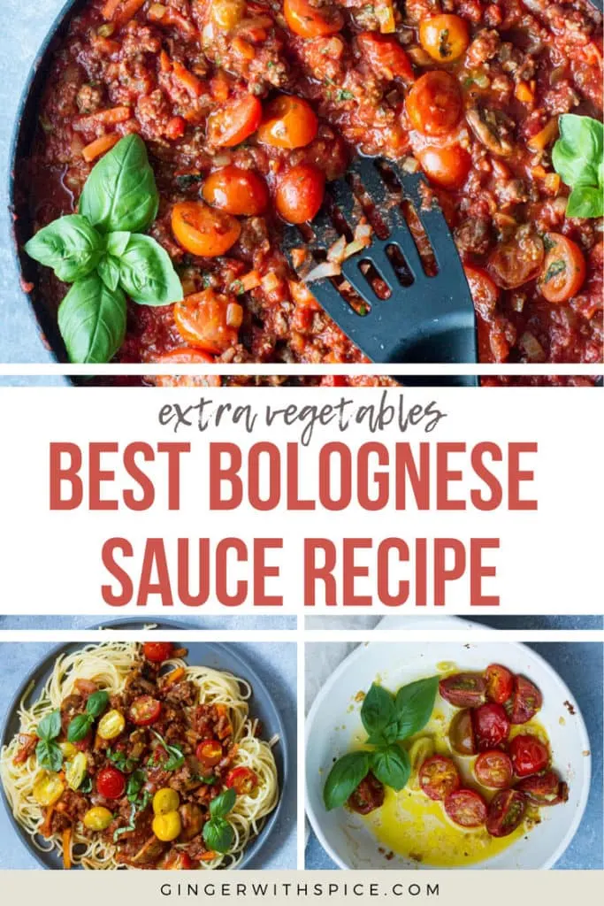 Pinterest pin with text overlay: Best Bolognese Sauce Recipe and three photos from blog post.