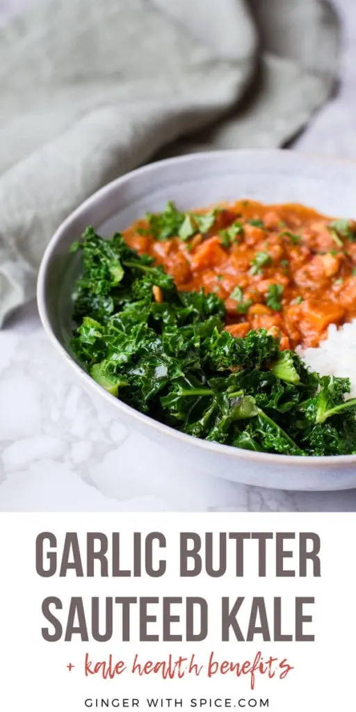 Bowl with sauteed kale in focus and stew in the background. Pinterest pin.