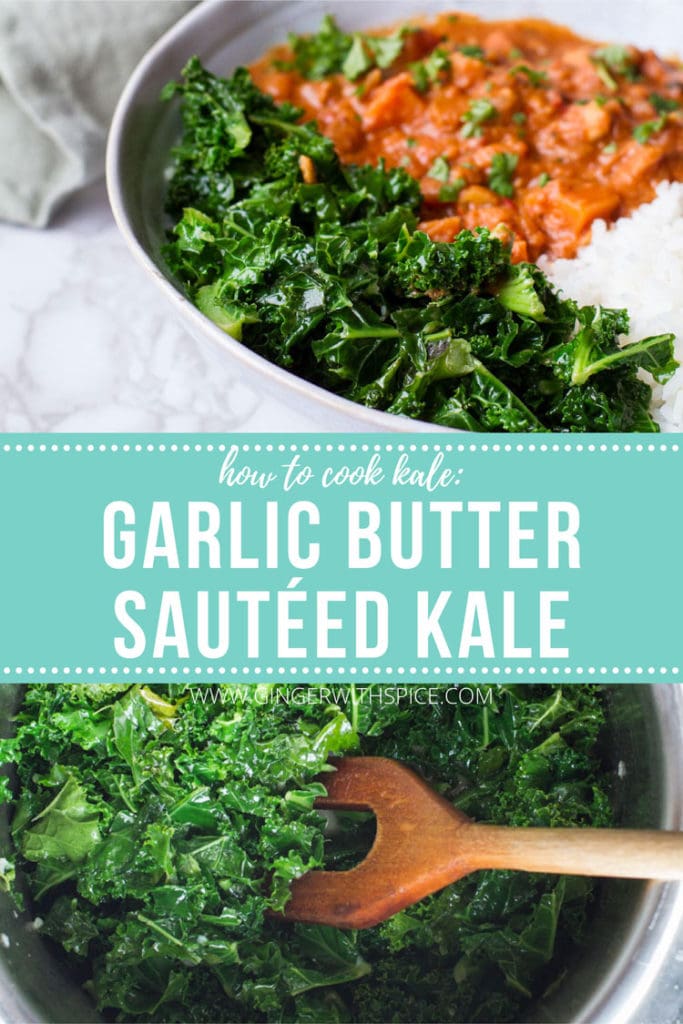 Text in the middle and two images of kale above and below. Pinterest pin.
