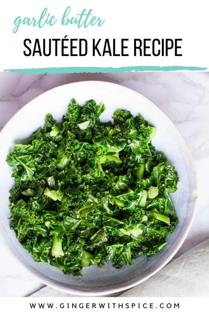Kale in a bowl, text overlay at the top. Pinterest pin.