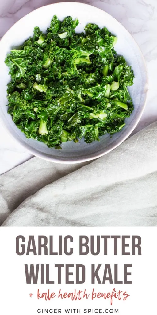 Blue bowl with wilted kale, flatlay. Pinterest pin with text.