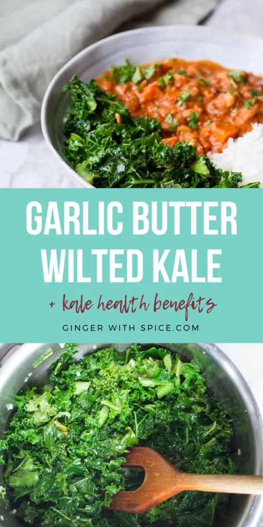 A turquoise text block in the middle with white text: Garlic Butter Wilted Kale. Two images from post above and below.