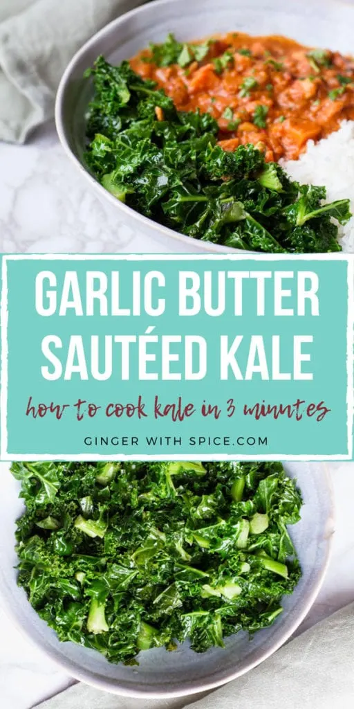 Two kale images, above and below a turquoise block with white text: Garlic Butter Sautéed Kale.