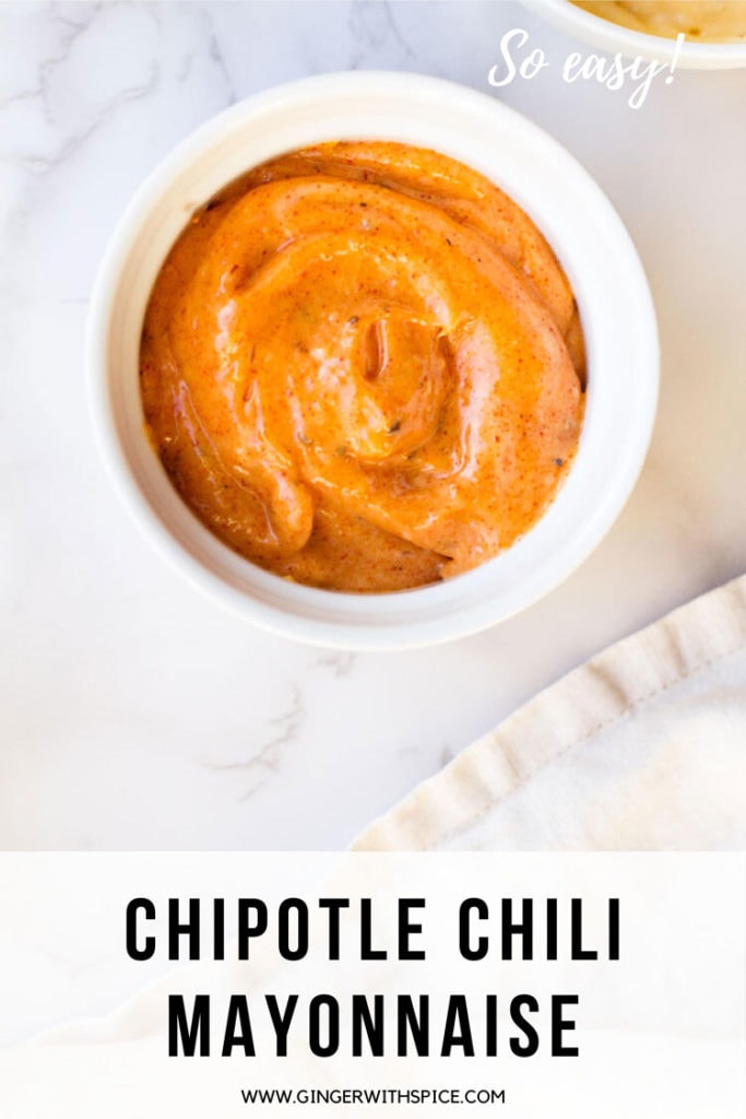 White bowl with chipotle chili mayo. Pinterest pin with text.
