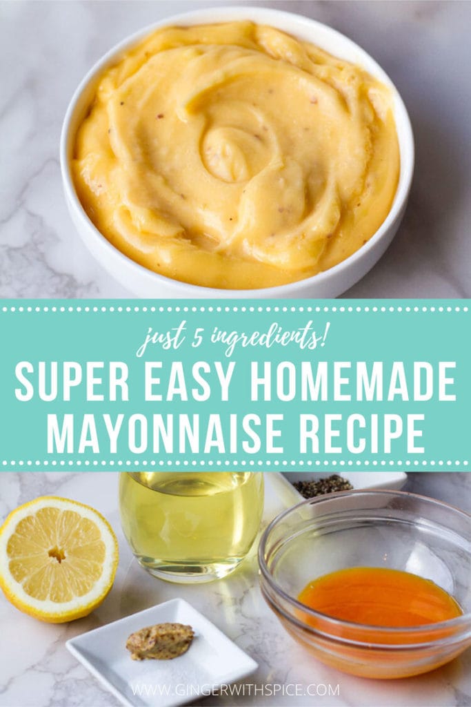Two images from post + text on turquoise background - super easy homemade mayonnaise recipe.