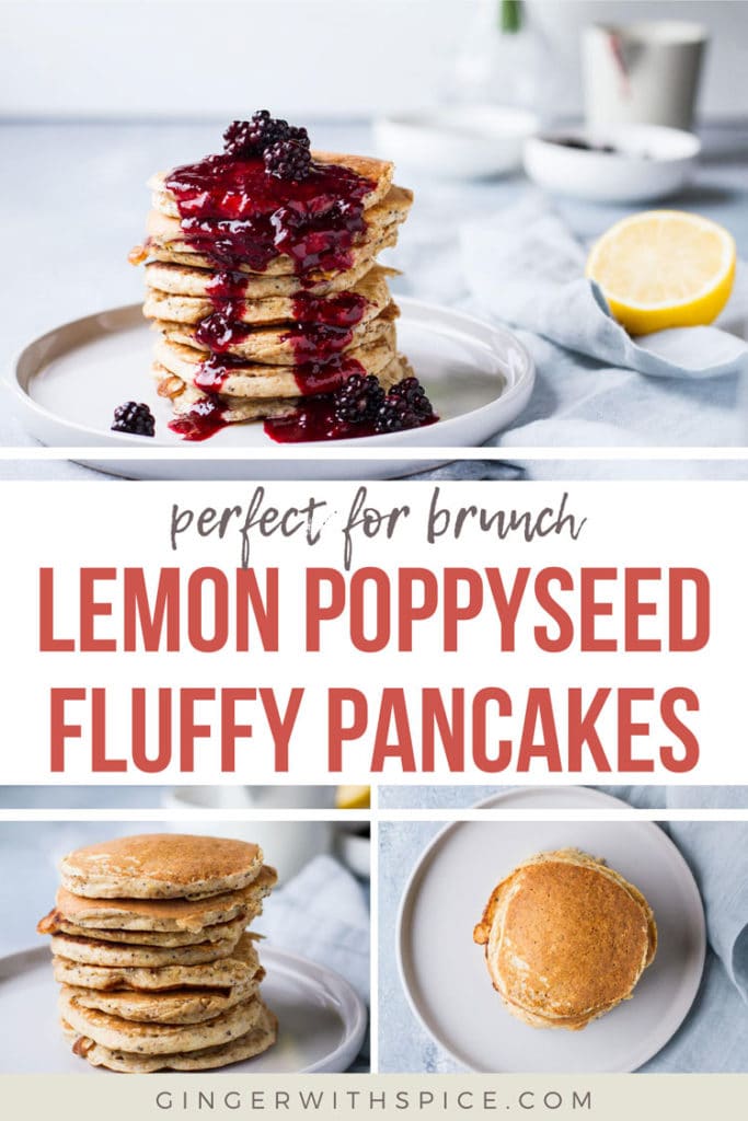 Three different angles of stacked pancakes. Pinterest pin with text overlay.
