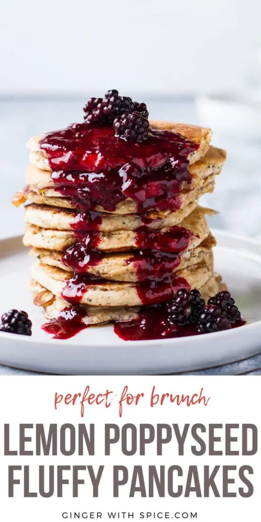 Lemon Poppyseed Pancakes with blackberry syrup down their sides. Pinterest pin.