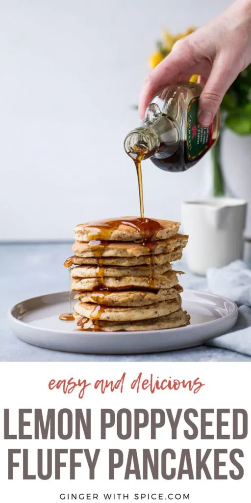 Pouring maple syrup on a stack of lemon ricotta pancakes. Pinterest pin.